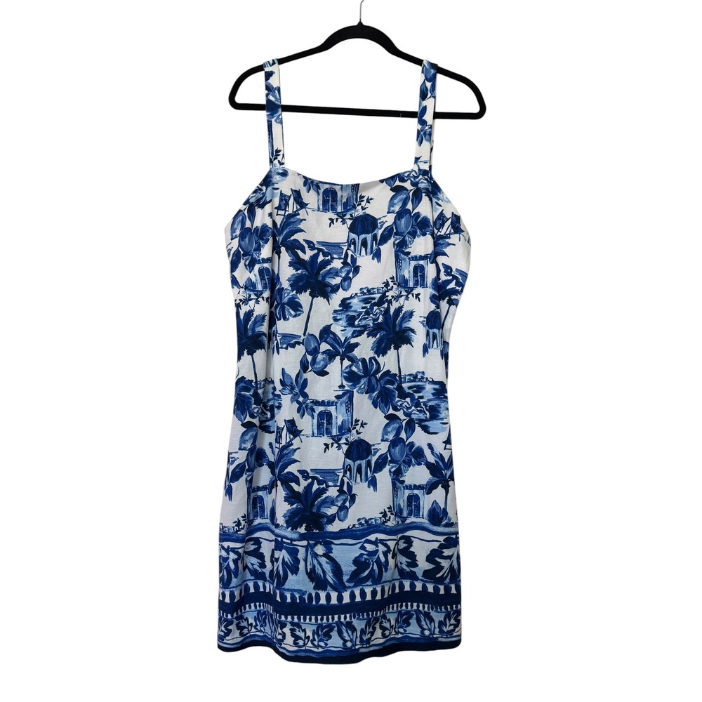 LOFT Mediterranean Toile Print Linen Blend Shift Dress Blue White 14T Tall